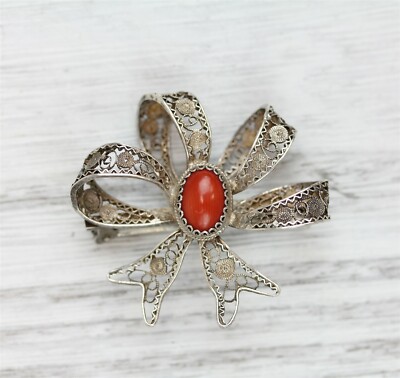 Vintage  Sterling Silver 925 Coral Filigree Bow Brooch Pin Pretty Retro A1094