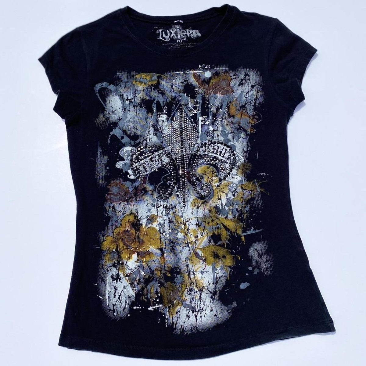 Y2K Luxiera Rhinestone paint splatter graphic print fitted t-shirt 