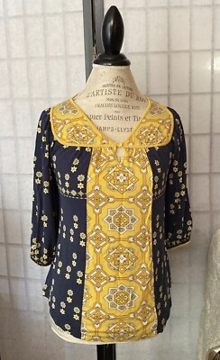 Juicy Couture Wom S Silk Blend Fluid Boho Tunic Top Keyhole Bodice Contrast Trim