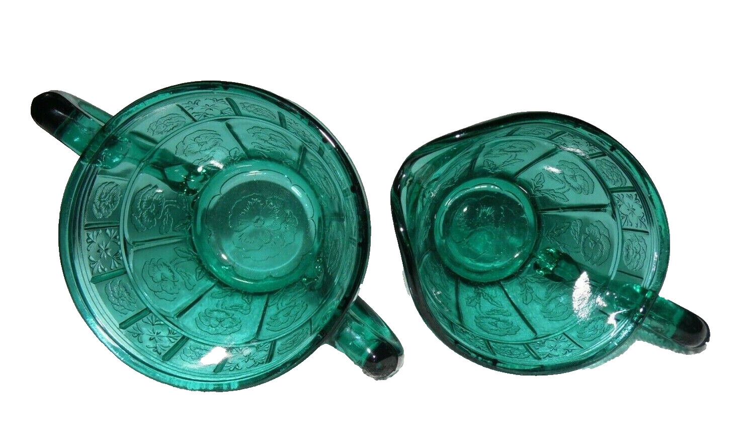 Jeannette Glass Ultramarine Doric & Pansy Reg Size Creamer & Open Sugar, RARE!