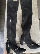 Thigh Boots Womens With Stretch Top Zipper On Side Half Black Glitter 7 1/2