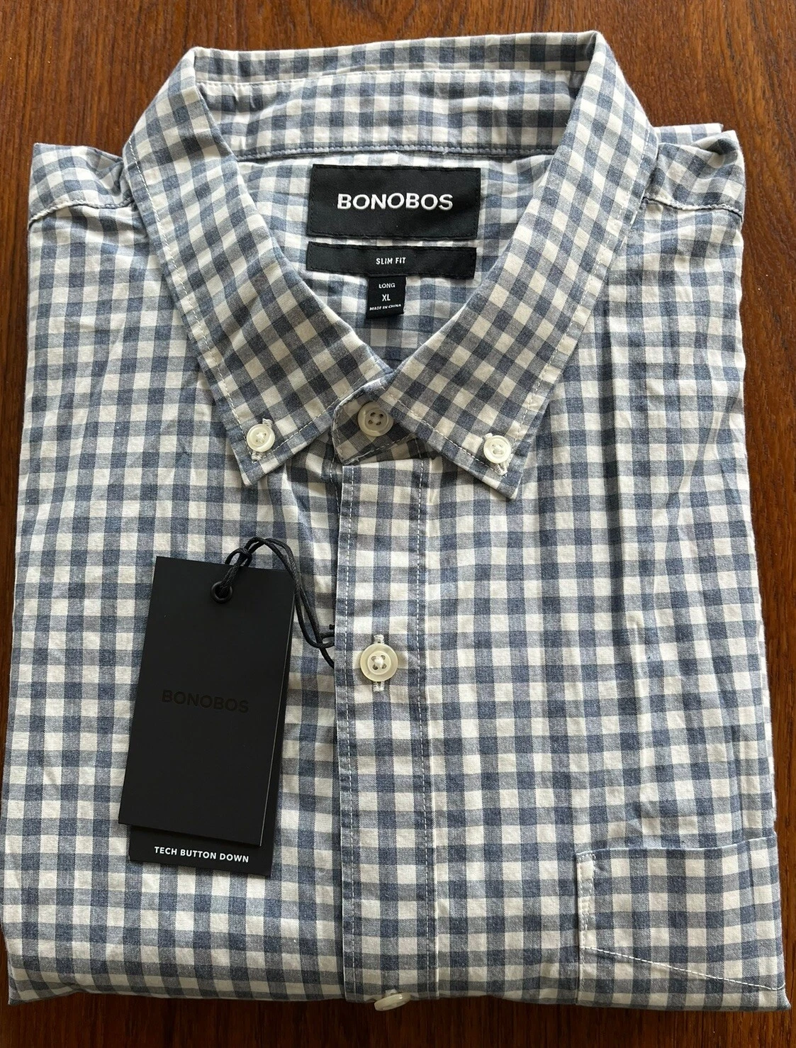 BONOBOS Men Button Down Cotton Shirt XL Long SLIM FIT Heather Navy Check NWT $88