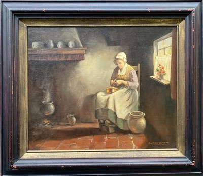J.U. Bolthuisen Dutch Interior Genre Scene Oil Painting Woman Kitchen Framed