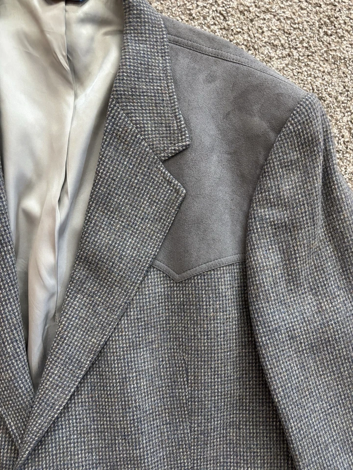 mens gray Pendleton tweed leather western blazer jacket sport coat wool 46 L - Image 2 of 4