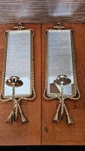 Vintage Pair of  Hollywood Regency Brass Mirrors Sconce Twisted Rope Wall