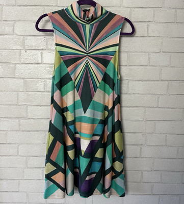 MARA HOFFMAN Prism Turtleneck Swing Dress Womens Teal Pockets Retro 60's Small