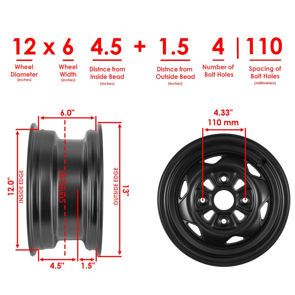 Fumino Fukayaホイール側 CBA Retour 480サイズ 2006-2016 Honda Rincon 680 TRX680FA 4x4 Caltric Front Wheel Rim