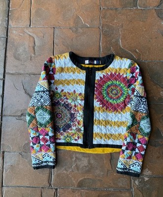 Desigual Quilted Patchwork Zip Up Jacket Girls 13/14 Geometric Art Boho