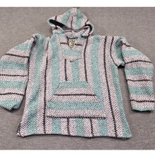 Baja Joe Mexican Drug Rug Hoodie Teal Grey Striped Woven Poncho Pullov RN0100596