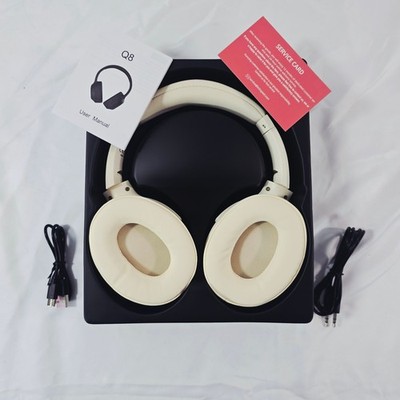 Q8 Wireless Headphones Bluetooth ANC Over Ear Stereo Cream USB C Aux Cable Set