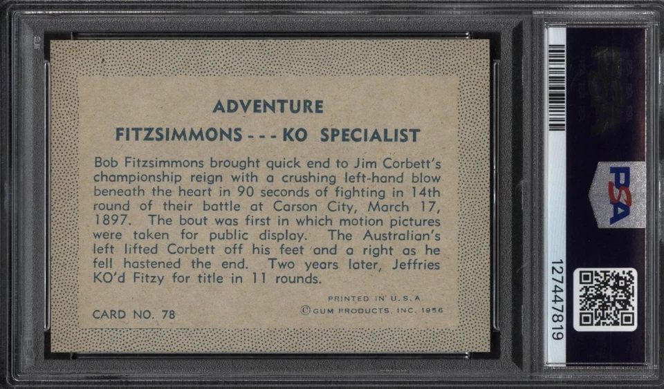 1956 Adventure #78 BOB FITZSIMMONS KO SPECIALIST PSA NM-MT 8+++ Centered & Mint! - Image 2 of 2
