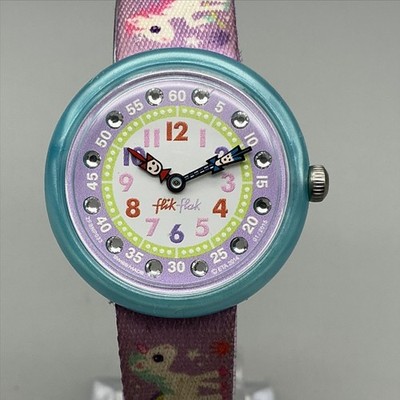 Flik Flak Girls Watch 30mm White Dial Purple Fabric Unicorns New Battery