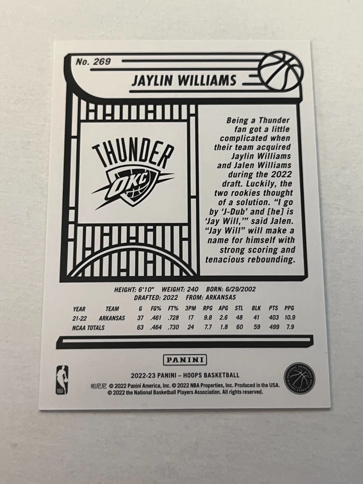 JAYLIN WILLIAMS 2022-23 NBA HOOPS SILVER ROOKIE /199 THUNDER #269 - Image 2 of 2