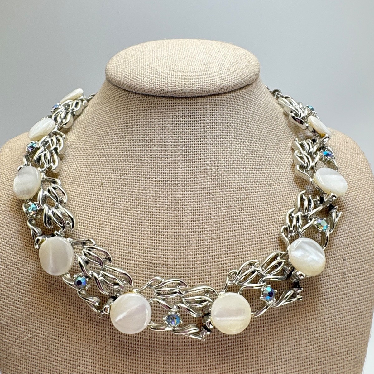 VTG Pandora Fashion Necklace Mother of Pearl Crystal Choker 15-16