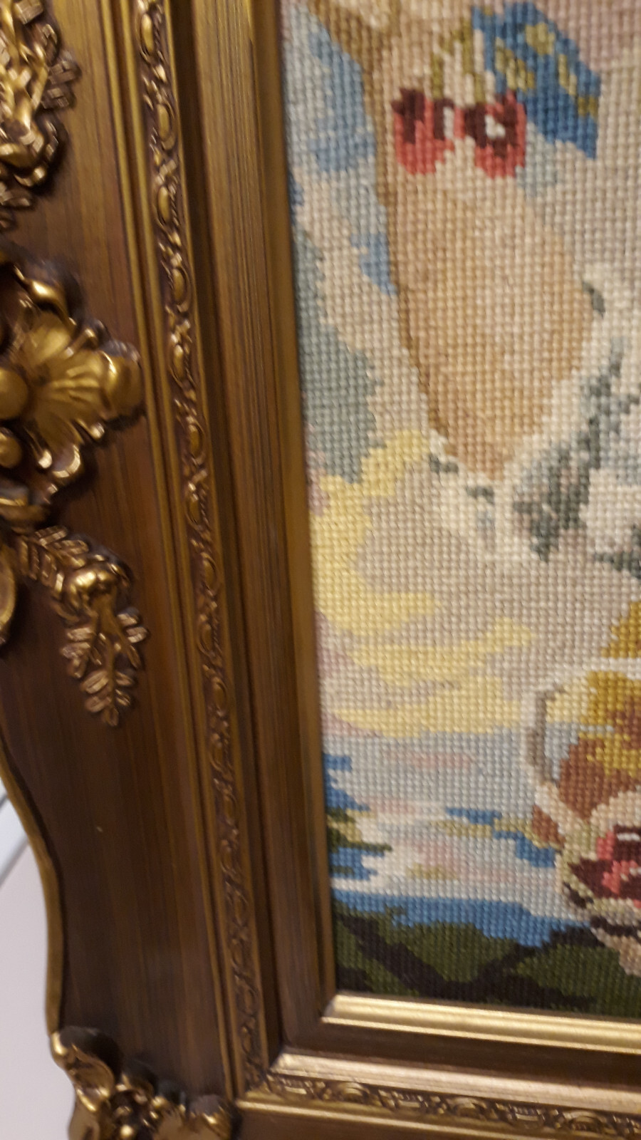 Vintage Needlepoint Portrait Art Deco W/Beautiful Wood Frame / Ornate ...