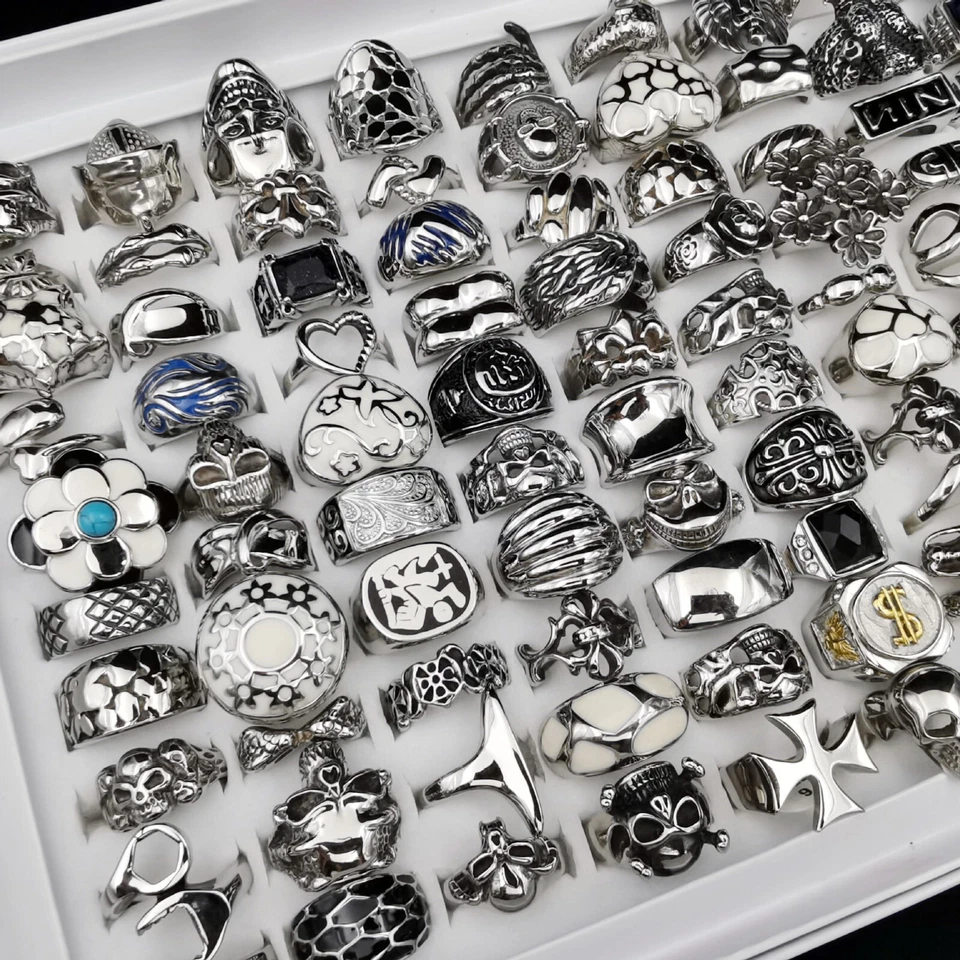 20pcs Stainless Steel Skull Rings Men's Women Large Big Metal Gothic Biker Punk - Image 3 of 4