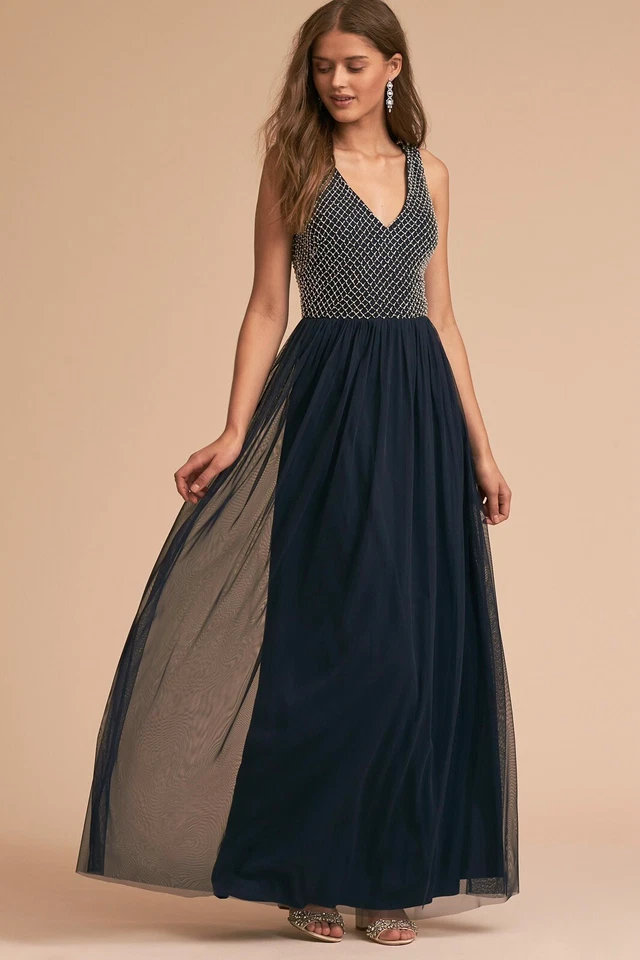 Maxi Vestido BHLDN Adrianna Papell Bryce Tul Talla 6 S M Cuentas Perla Azul Marino Nuevo Foto 2 de 4