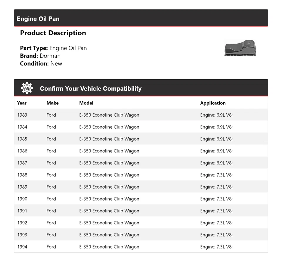 Para Ford E-350 Econoline Club Wagon 1983-1994 motor Dorman cárter de aceite 1984 1985 Foto 2 de 4