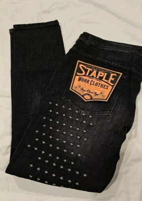 Mens NwT STAPLE brand Black Skinny Jeans 42x34 Distressed Star Stitch (15)