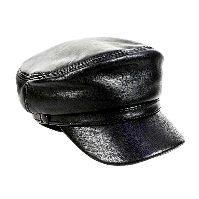 New Mens Womens Black Genuine Leather Sheep Police Hat Leather Hat