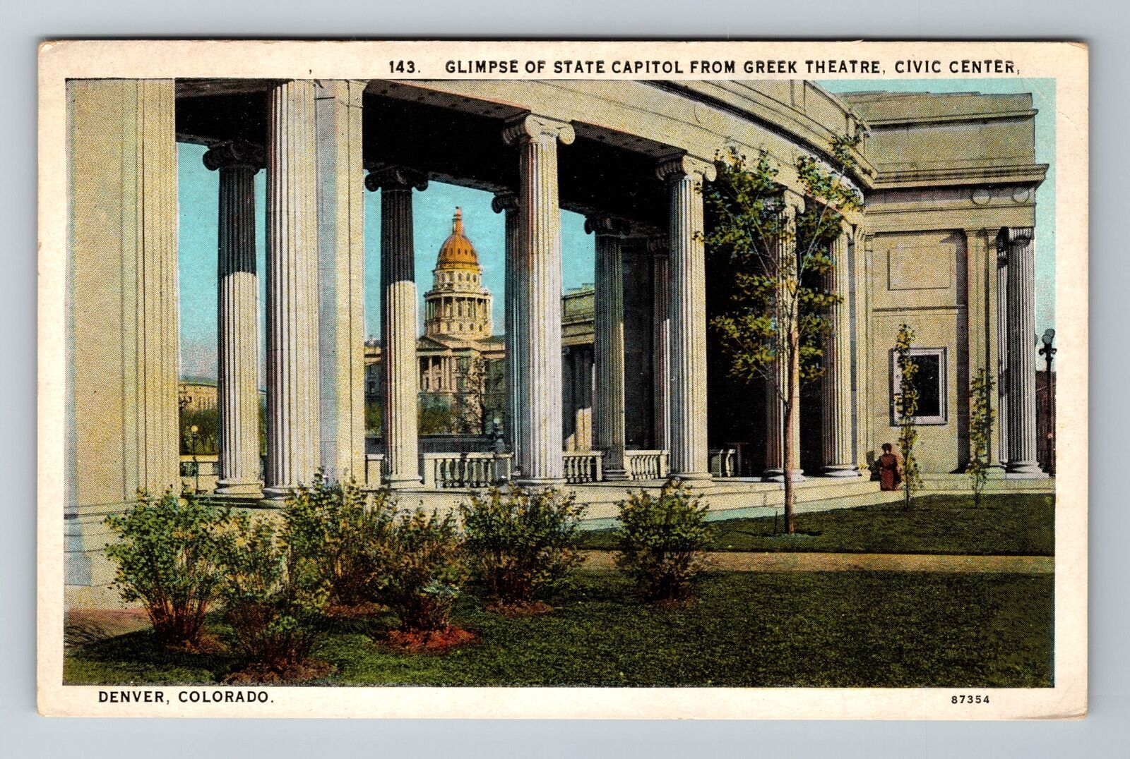 Denver CO-Colorado, Glimpse State Capitol From Greek Theatre, Vintage Postcard