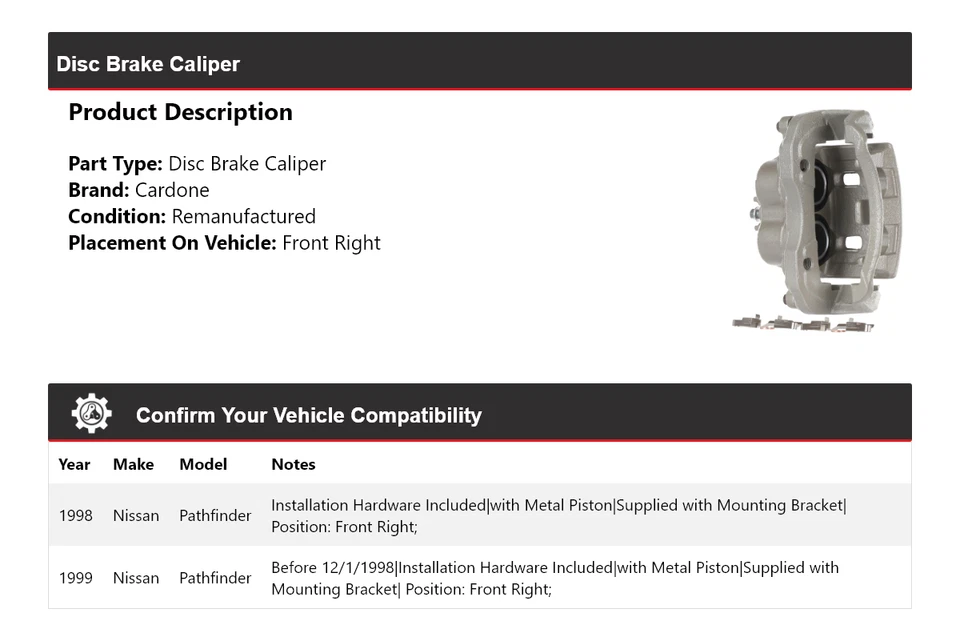 Pinza de freno de disco delantera derecha cardone para Nissan Pathfinder 1998-1999 Foto 2 de 4
