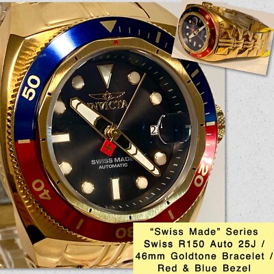 46mm Auto Ronda R150 SWISS MADE | Goldtn Bracelet | Red/Blue Bezel Invicta Watch
