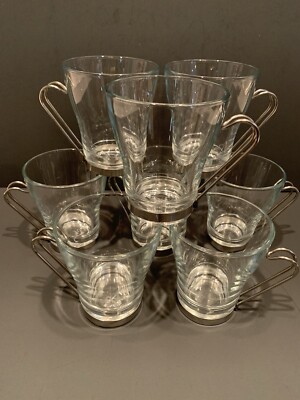 8 Bormioli Rocco Electra Tempered Glass & Stainless Steel Cappuccino Cups 3 3/4 