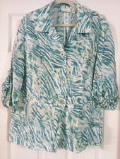 Chico's Linen Blend Jacket Size 3 Blue Cyan Animal Print Ailee Pattern W/pockets