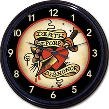 Tattoo Old School Wall Clock Military Death Before Dishonor Tat Parlor Man Cave 