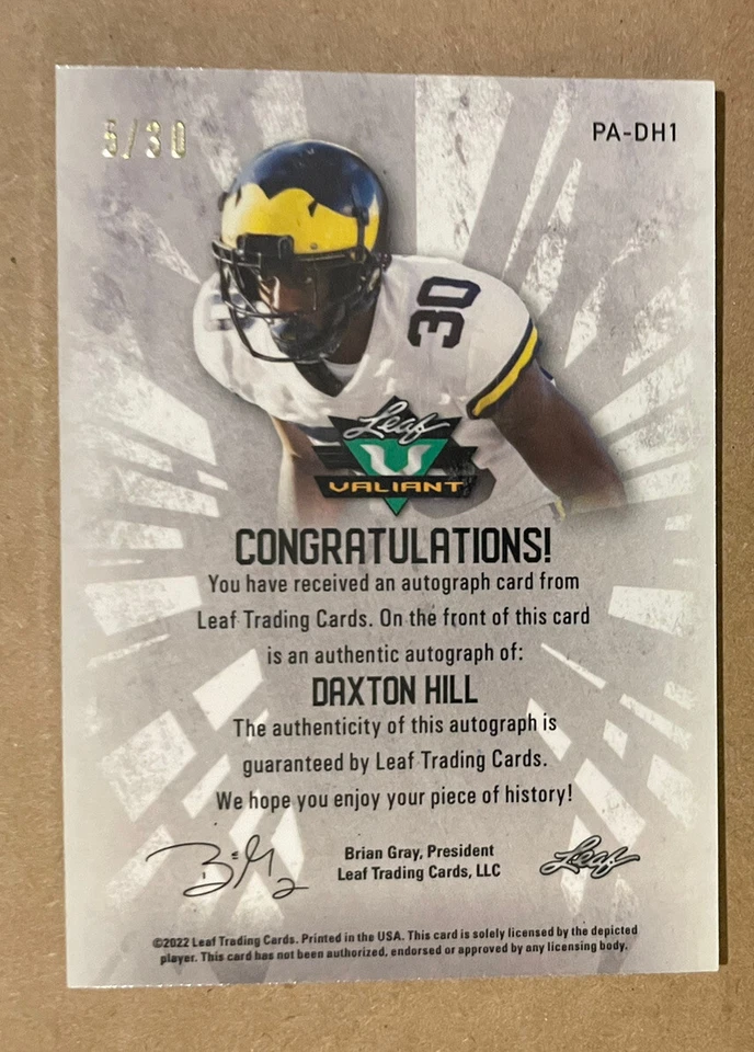 DAXTON HILL RC AUTO 2022 Leaf Valiant /30 Green Ice Michigan Bengals & Mosaic RC - Image 4 of 4