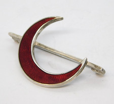 Edwardian Sterling Silver Red Enamel Crescent Moon Brooch Antique c1910