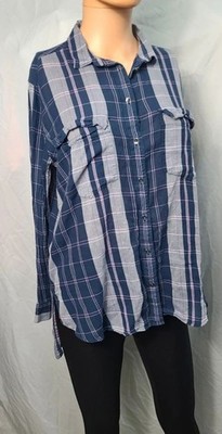 Plaid long sleeve hi low button up long top size Large Blue Pink front pockets
