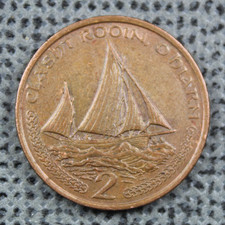 2000 Isle of Man 2 Two Pence 2p Manx Lugger Fishing Boat Copper on Steel  ø 26mm
