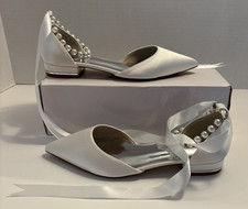 Bridal Shoes Ivory Satin Finish Flats Pointed Toe Pearl Strap Ribbon Tie Sz :36