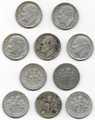 5 Roosevelt dimes 10 cents 10c F fine 1947 D 1950 1957 D 1964 D