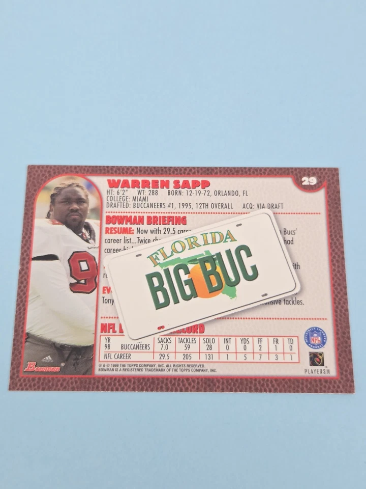 1999 Bowman Interstate #29 Warren Sapp Tampa Bay Buccaneers FOOTBALL Card 4E - Image 2 of 2