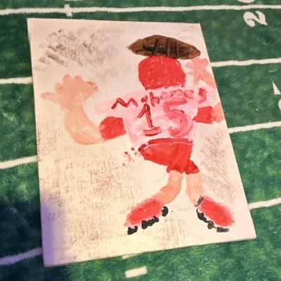 Hand-Painted Mahomes 15 Football Canvas Art, Original Naive Acrylic Painting
