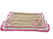 Handmade Crochet Baby Girl/Lap Blanket Tan Pink White Floral Teddy Bear Scallope