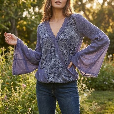 Clover + Scout Top Womens Medium Blue Paisley Boho Festival Cottagecore Fairy