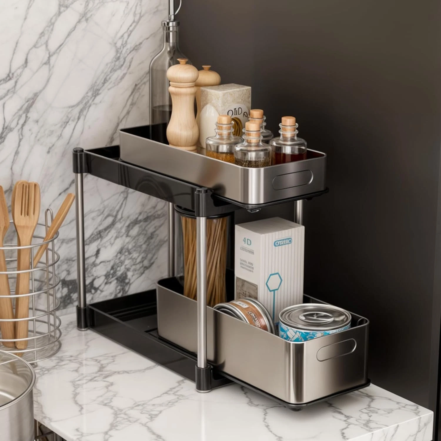 2-Tier Stainless Steel Cabinet Pull Out Organizer for Kitchen and Bathroom Stora