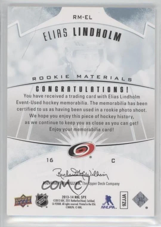2013-14 SPx Rookie Materials Elias Lindholm #RM-EL RC - Image 2 of 2
