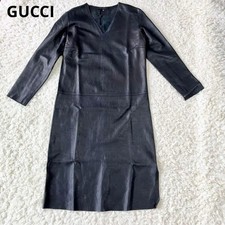 GUCCI Long Dress Size 38 Black Lamb Leather Long Sleeve Party Wear