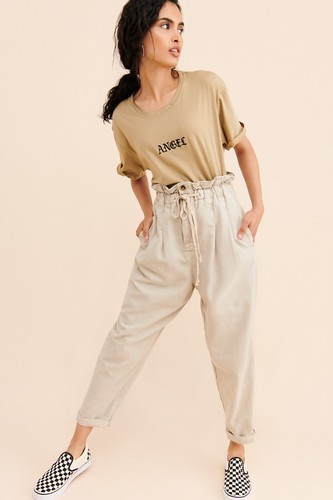 Free People Women's Margate Pleated Paperbag Waist Trouser Pants Beige Size M