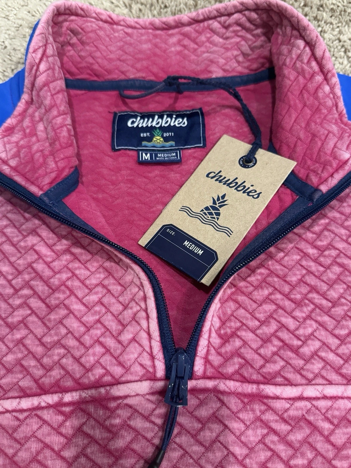 Chubbies The Let Me Pink Blue 1/4 Zip Quilted Jacket Fleece Sweater Men’s M Nwt image 2