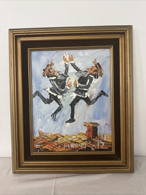 Original Morris Katz Oil On Board  Rabbis Dancing On A Roof  Judaica 1981