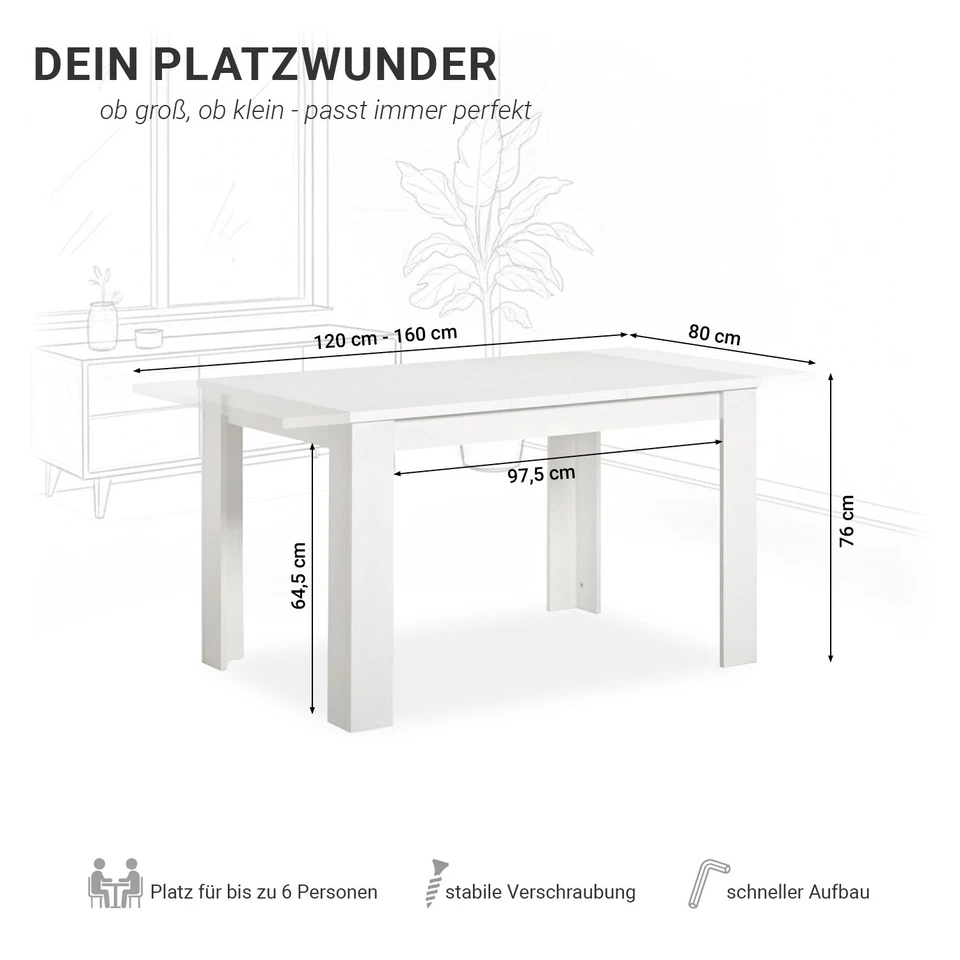 Esstisch ausziehbar 120x80 Massiv Holz Küchentisch Wohnzimmertisch Homestyle4u - Bild 4 von 4