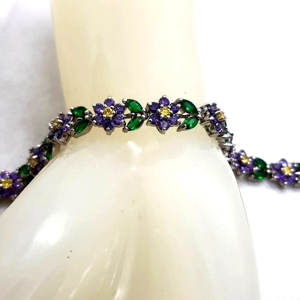 Pulsera Amatista Simulada Oro Blanco 18K Relleno Tenis Flor Novia 7.25" Foto 2 de 4