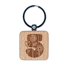 Sweet and Cute Flowers Rounded Block Number 5 Five Engraved Wood Square Keychain