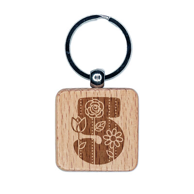 Sweet and Cute Flowers Rounded Block Number 5 Five Engraved Wood Square Keychain